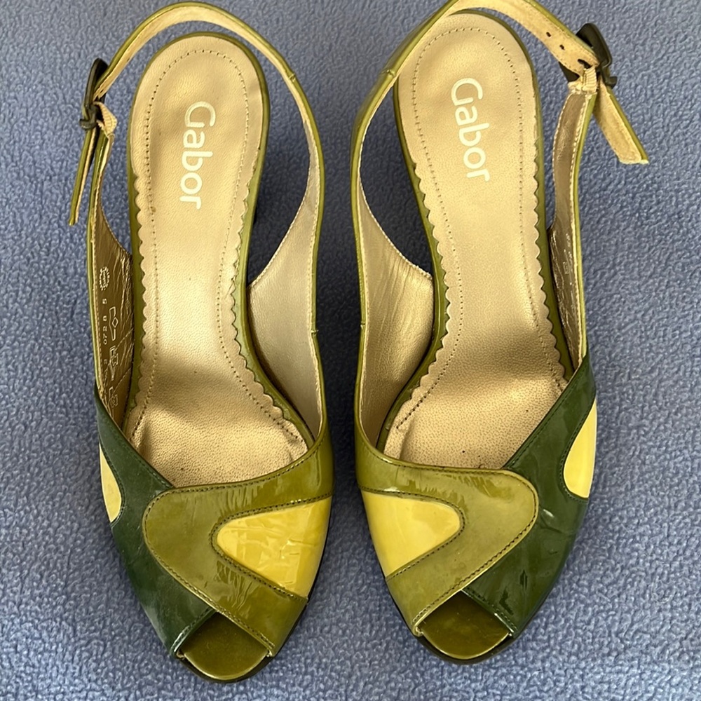Gabor Green leather pumps.  Open toe.  Non slip soles.  3 shades of green.